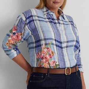 NWT Polo RALPH LAUREN LINEN PLED WHITE/BLUE FLORAL BUTTON DOWN SHIRT SIZE US XL